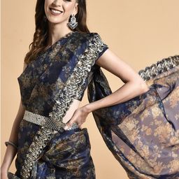 Sangria Navy Blue & Peach-Coloured Floral Sequinned Organza Saree-picture-19