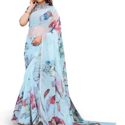 KALINI Turquoise Blue & Pink Floral Organza Bagh Saree-image-47