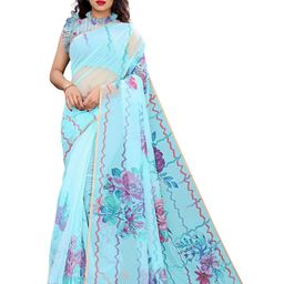 KALINI Turquoise Blue & Pink Floral Organza Bagh Saree-image-9