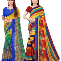 KALINI Pack of 2 Blue & Yellow Pure Georgette Saree-picture-12