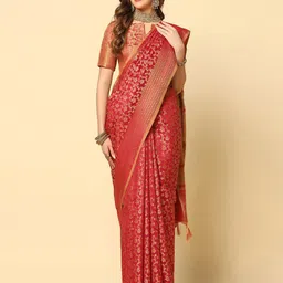 Satrani Red & Gold-Toned Floral Woven Design Zari Silk Cotton Banarasi Saree-image-21