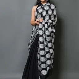 Sanganeri Print Ethnic Motifs Printed Mulmul Cotton Half and Half Ikat Saree-50