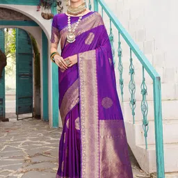 Anouk Purple & Gold-Toned Ethnic Motifs Woven Design Zari Art Silk Banarasi Saree-image-81
