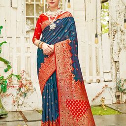 Anouk Turquoise Blue Ethnic Motifs Woven Design Zari Banarasi Saree-picture-30