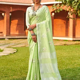 Mitera Floral Embroidered Zari Linen Blend Banarasi Saree-picture-15