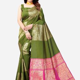 KALINI Olive Green & Pink Woven Design Zari Banarasi Saree-image-90