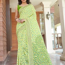 Mitera Green & Blue Floral Zari Silk Cotton Banarasi Saree-image-65