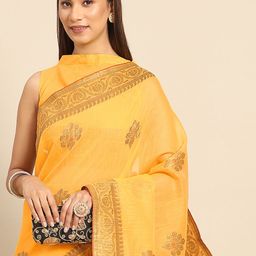 Anouk Yellow & Gold-Toned Ethnic Motifs Silk Blend Banarasi Saree-30