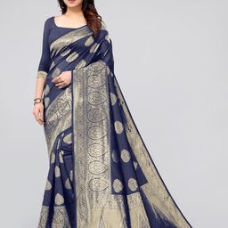KALINI Women Navy Blue & Gold-Toned Floral Zari Silk Blend Banarasi Saree-image-25