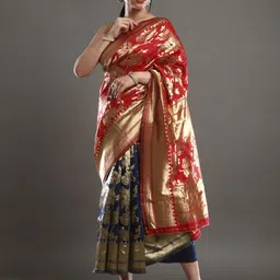 Mitera Red & Gold-Toned Ethnic Motifs Woven Design Zari Silk Blend Banarasi Saree-16