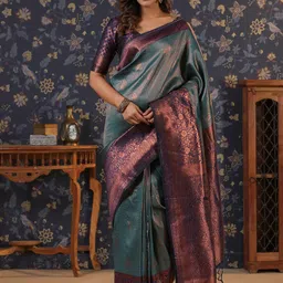 House of Pataudi Ethnic Motifs Woven Design Silk Blend Kanjeevaram Sarees-image-43