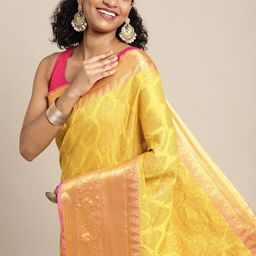 Silk Land Yellow & Golden Ethnic Motifs Zari Banarasi Saree-image-12