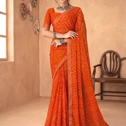 Anouk Orange & Gold-Toned Bandhani Zari Pure Chiffon Bandhani Saree-17