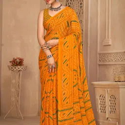 Anouk Yellow & Green Bandhani Printed Pure Chiffon Bandhani Saree-12