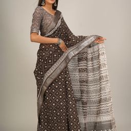 JALTHER Ethnic Motifs Block Printed Zari Cotton Linen Saree-image-57