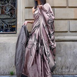 Mitera Mauve & Black Abstract Printed Satin Saree image 1