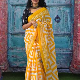 TROPWEAR Geometric Mulmul Cotton Block Print Saree-33