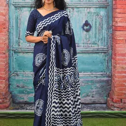 JALTHER Ethnic Motifs Printed Mulmul Cotton Block Print Saree-55