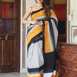 KIAARON Checked Pure Cotton Block Print Saree-17
