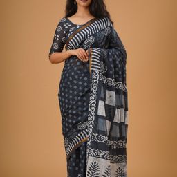KIAARON Ethnic Motifs Zari Mulmul Cotton Block Print Saree-image-5