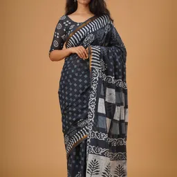 KIAARON Ethnic Motifs Zari Mulmul Cotton Block Print Saree-39