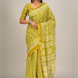 KIAARON Ethnic Motifs Zari Mulmul Cotton Block Print Saree-image-47