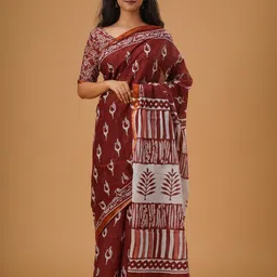 KIAARON Ethnic Motifs Zari Pure Cotton Block Print Saree-picture-6
