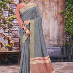 SANGAM PRINTS Woven Design Zari Linen Blend Tussar Saree-image-5