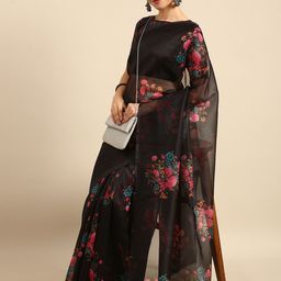 Anouk Black & Pink Floral Organza Saree-picture-42