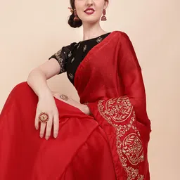 Sangria Red & Gold-Toned Embroidered Satin Saree-10