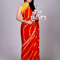 VL SAREES Leheriya Kutchi Embroidery Pure Chiffon Leheriya Saree-image-7