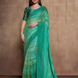 Mitera Green Striped Sequinned Pure Chiffon Saree-32