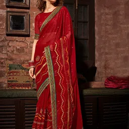 Mitera Red Embellished Zari Pure Chiffon Saree-picture-21