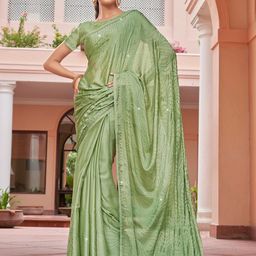 Kalista Green Embellished Beads and Stones Satin Saree-50