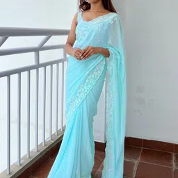 Anouk Blue Ethnic Motifs Embroidered Sequinned Pure Georgette Saree-4
