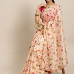 Silk Land Peach-Coloured & Pink Floral Zari Organza Chanderi Saree-24