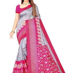 SAADHVI Grey & Pink Ethnic Motifs Zari Art Silk Ikat Saree-picture-30