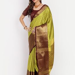 Mitera Lime Green & Gold-Toned Woven Design Zari Dharmavaram Saree-image-53