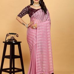 K 5 Fashion Striped Embroidered Pure Chiffon Saree-image-70