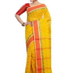 PuJoy Floral Pure Cotton Handloom Taant Saree-picture-36