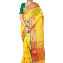 PuJoy Ethnic Motifs Woven Design Zari Pure Cotton Taant Saree-picture-36