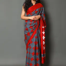 JAIPURI BLOCK PRINT Geometric Printed Pure Cotton Bagru Saree image 1