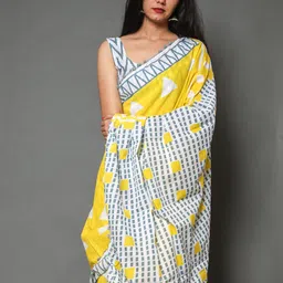 Sanganeri Print Geometric  Mulmul Cotton Bagru Saree-2