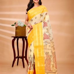 DipDiya Kalamkari Printed Zari Pure Cotton Taant Saree-image-17
