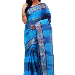 PuJoy Geometric Woven Design Zari Pure Cotton Taant Saree-picture-8