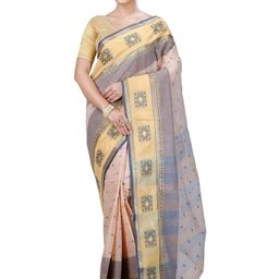 PuJoy Ethnic Motifs Woven Design Zari Pure Cotton Taant Saree-picture-21