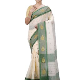 PuJoy Ethnic Motifs Woven Design Zari Pure Cotton Taant Saree-image-96