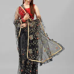 BARKIYA CREATION Floral Embroidered Net Ruffle Saree image 1