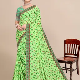 KALINI Green & Pink Floral Pure Georgette Saree-image-6