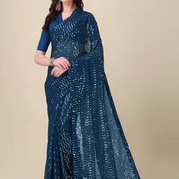Mitera Teal Blue Embellished Sequinned Pure Georgette Saree-picture-6